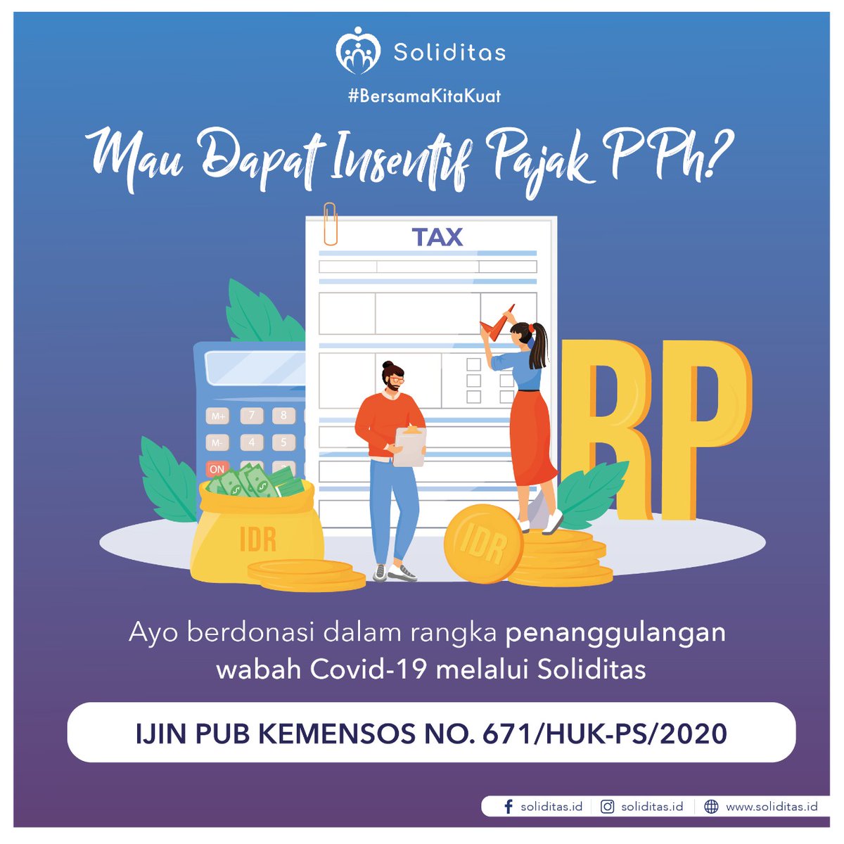 Soliditas_ID's tweet photo. Mau Dapat Insentif Pajak PPh? Ayo berdonasi dalam rangka penanggulangan wabah Covid-19 melalui Soliditas.
.
Pemerintah kembali memberikan insentif bagi para pihak yang turut andil bergotong royong memerangi pandemi virus corona/Covid-19. https://t.co/mqnZwKf79Z