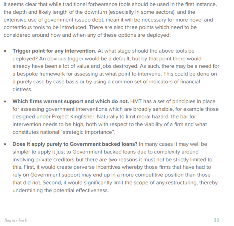 1. Set up a temp restructuring agency similar to Japanese IROJ to help firms restructure their debt - through forbearance, debt for equity swaps, contingent tax liability (for small firms) or even write offs in extreme cases. Deciding who to help will be challenging... 11/