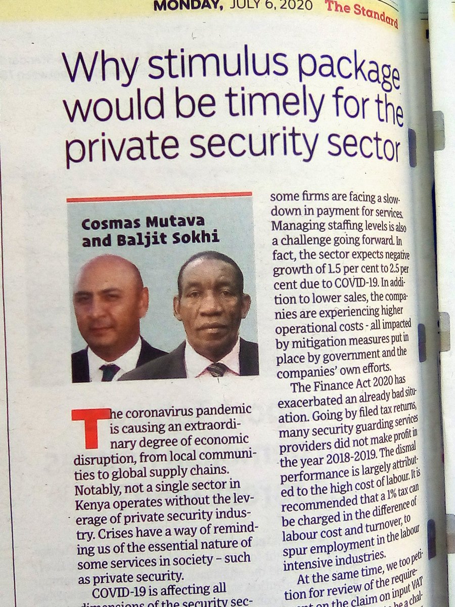 SecurityPsia's tweet image. On today's newspaper the astandard page 6,CEO COSMAS MUTAVA and Baljit Sokhi address on stimulus package for private security sector.#PresidentUhuruKenyatta Joan