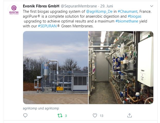 Post von #Evonik Fibres GmbH auf Twitter über unsere #Biomethan-Projekte. Hier geht es um unser 1. Projekt in Frankreich. Die Anlage ist seit 2016 in Betrieb! Wir nehmen derzeit noch viele weitere #agriPure #Biomethan-Anlagen in Frankreich in Betrieb.