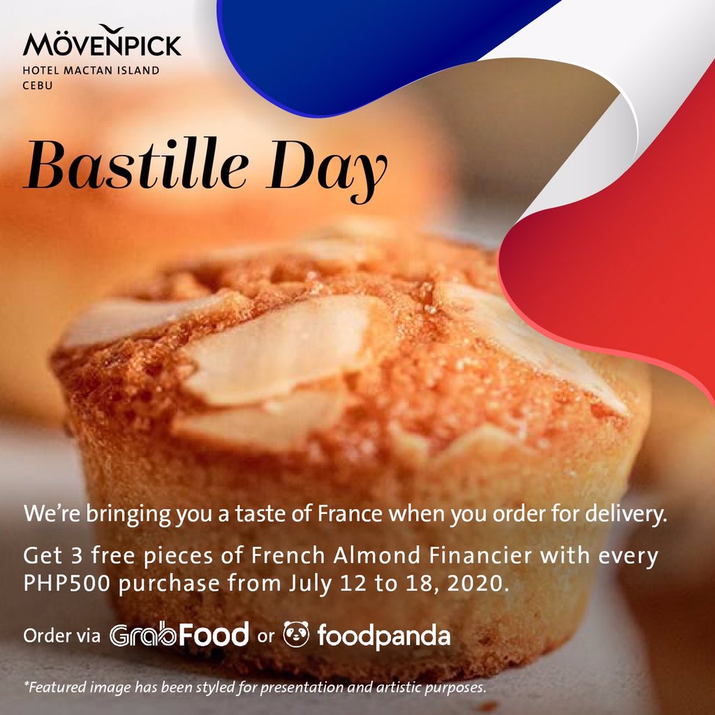 In celebration of Bastille Day, we're giving you 3 free pieces of French Almond Financier with every PHP500 worth of food orders for delivery from July 12 to 18, 2020.
Order via
GrabFood: bit.ly/MovenpickCebux…
foodpanda: bit.ly/MovenpickCebux…

#movenpickcebu #movenpickhotel