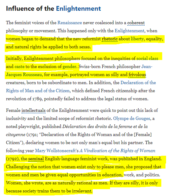 Late 18th Century, reformists excluded woman calling them silly and frivolous. However,  #female intellectuals continued to fight for equal rights in education, work, politics. Influence of Enlightenment was across North America and Europe @SarasWarrior  @ankitasood13 12/n