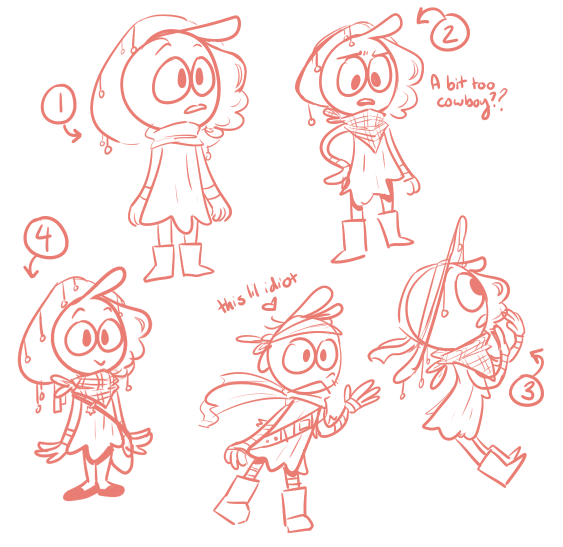 new cherry sketches,,,1) tried a scarf, but felt too much like roleswitch?2) plaid bandana, which i felt was a bit too cowboy, but my sibling said they liked <33) side view of 2, with hat ribbons <34) latest version, changed shoes? added bag(roleswitch wander is also there!)