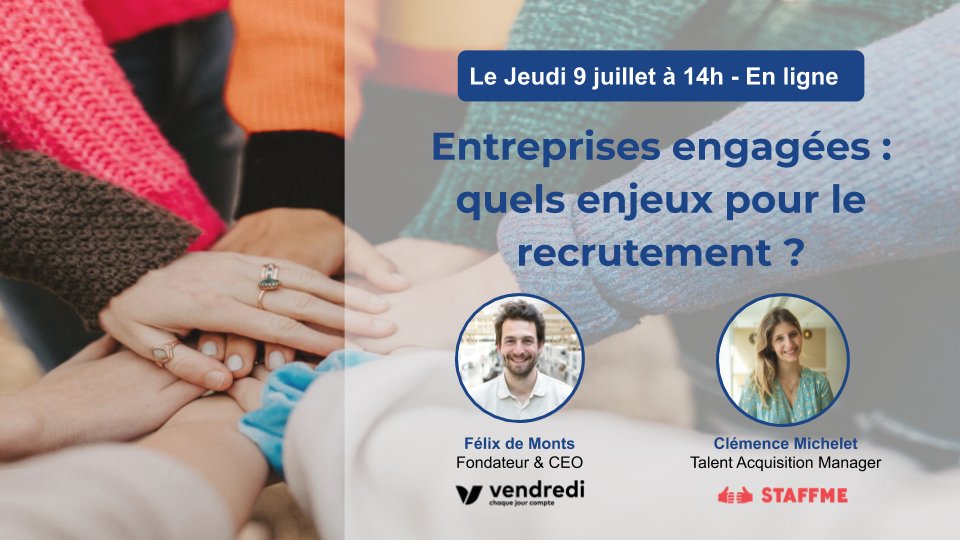 vendredi_cc's tweet photo. #SaveTheDate Jeudi 09/07 à 14h 📅 Entreprises engagées : les candidats n’attendent que vous ! 🙌

On vous donne RDV ce jeudi avec @staffmeapp pour vous parler des enjeux des engagements sociétaux des entreprises dans le cadre du recrutement 🙋

Par ici 👉 https://t.co/D9ZXxPsqtk https://t.co/eFjkqJxsnV