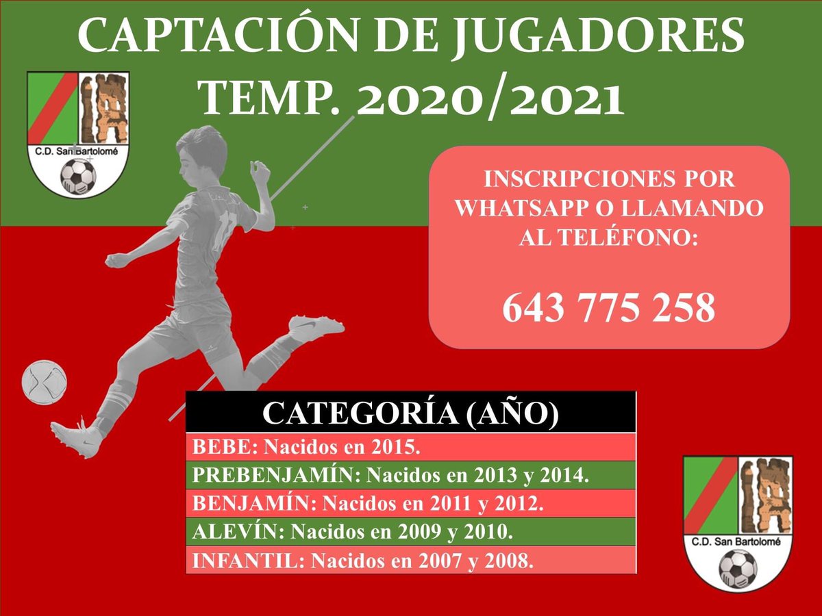 AD_SanBartolome's tweet photo. CAPTACIÓN DE JUGADORES PARA LA TEMPORADA 2020-2021

Para formalizar la prescripción hay que mandar al whatsApp del club 643 775 258:
- NOMBRE Y APELLIDOS.
- FECHA DE NACIMIENTO.
- ¿JUGO EL AÑO PASADO?

Os esperamos!!! https://t.co/kEAt9lOuh7