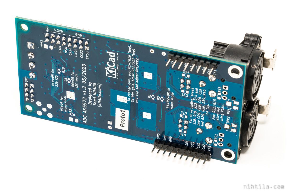 Mass(ive) production batch of 12pcs of ADC AK5572 sold out so here comes v1.2. No major changes, just an evolving design. Also experimentation on gain trimming. If you work on Pro audio, let me know what you'd want to see in ADCs/DACs. There has been some interest in that space.
