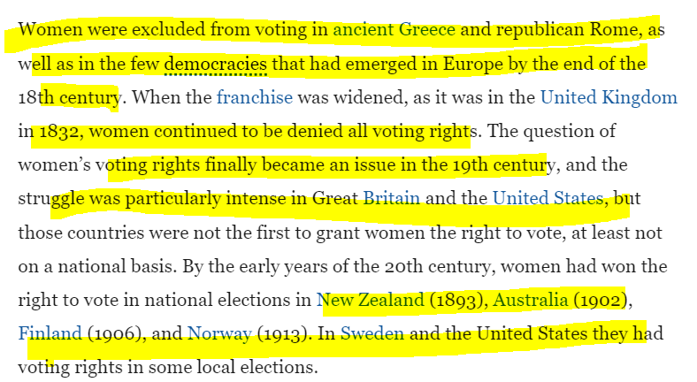 Women’s suffrage, (right of women to vote) gained momentum in mid 19s as  #woman were denied voting rights even in expanding / new democracies.  @YoSwaroop 13/n