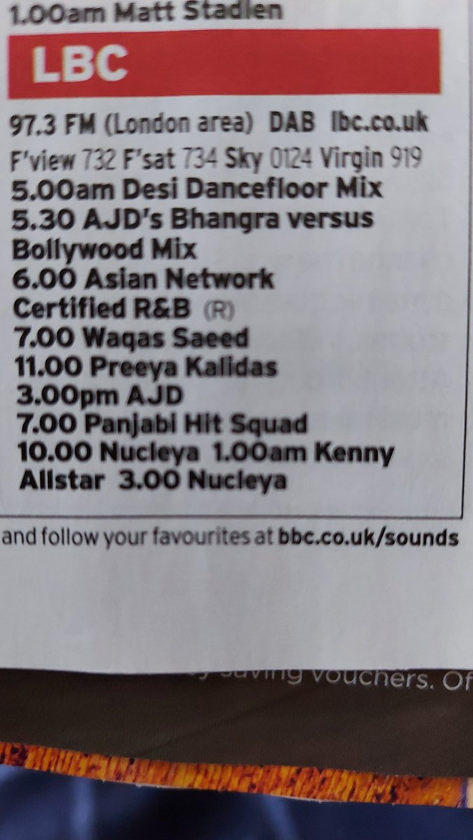beppa's tweet image. In fanciful @RadioTimes transposed listings, July 11 Saturday Radio (bottom right, p.115), @LBC has apparently elbowed The Best of Steve Allen in favour of Desi Dancefloor Mix and AJD's Bhangra v. Bollywood Mix. What next? @NickFerrariLBC on the Asian Network?