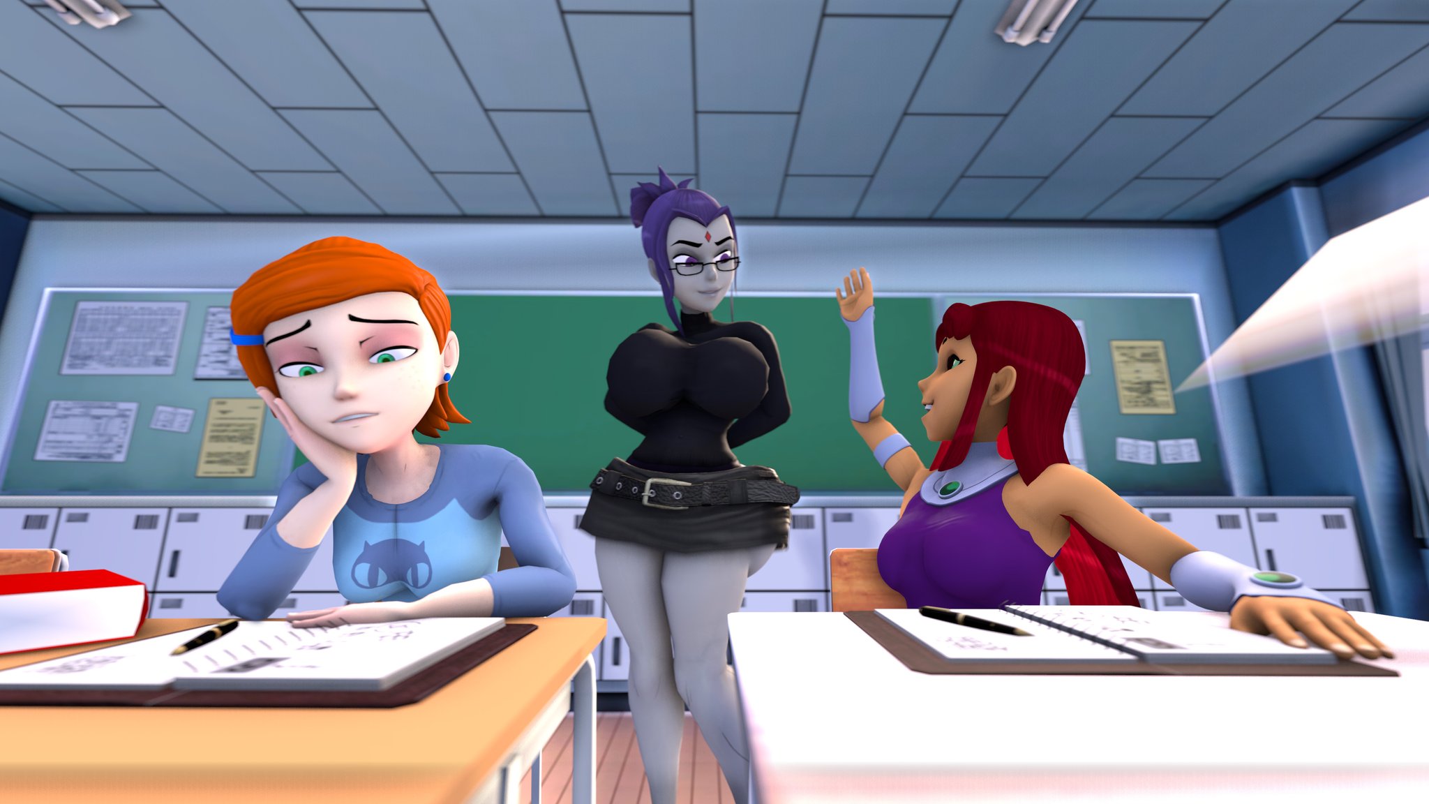 “Starfire: Miss Raven i need some help with this lesson!🖐️” .