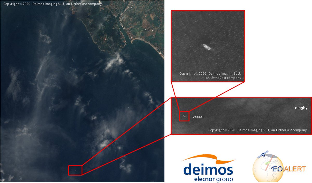 EOALERT's tweet image. Another acquisition of @sto_cmre #vessel and dinghy by #VHR #Deimos2 #satellite

#EOALERT #ship #detection #algorithm uses #AI &amp;amp; #machinelearning techniques on high speed #avionics to deliver #earthobservation products in less than 5 min