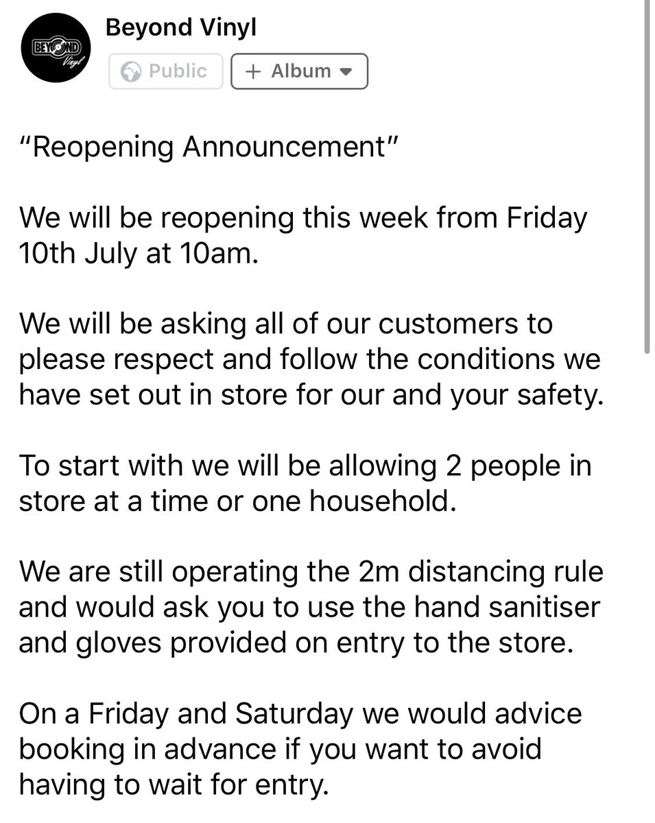 beyond_vinyl's tweet photo. “Reopening Announcement”
We will reopen from Friday 10th July 2020 (Reduced Days/hours)
Please read the full announcement attached...
@RSDUK @bbcnewcastle @Tim_Burgess @NewcastleNE1 @BBC6Music @ChronicleLive @RecordTokens #storereopening #vinylstore #rsd #beyondvinyl #COVID19 https://t.co/MskEwU8kYX