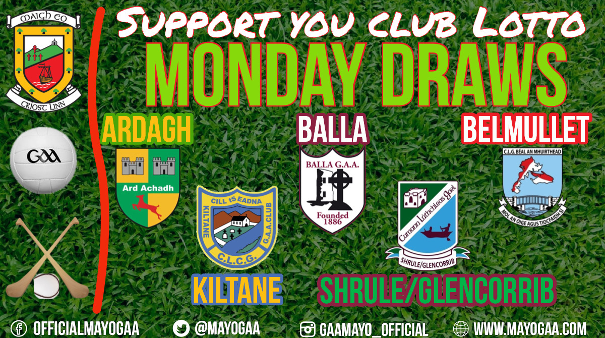MayoGAA's tweet photo. 🚨 Win Big TONIGHT 🚨
@Ardagh_GAA - https://t.co/2sFniE6OQl.
@BallaGAAClub  - https://t.co/V86C4UMGEX. 
@BelmulletGaa - https://t.co/ikLC1sxIuY. 
@KiltaneGAA - https://t.co/4Ze1zBZRRZ. 
@ShruleGlencorib - https://t.co/HYc1FbldRJ. #mayogaa https://t.co/G7iW2R1ACr