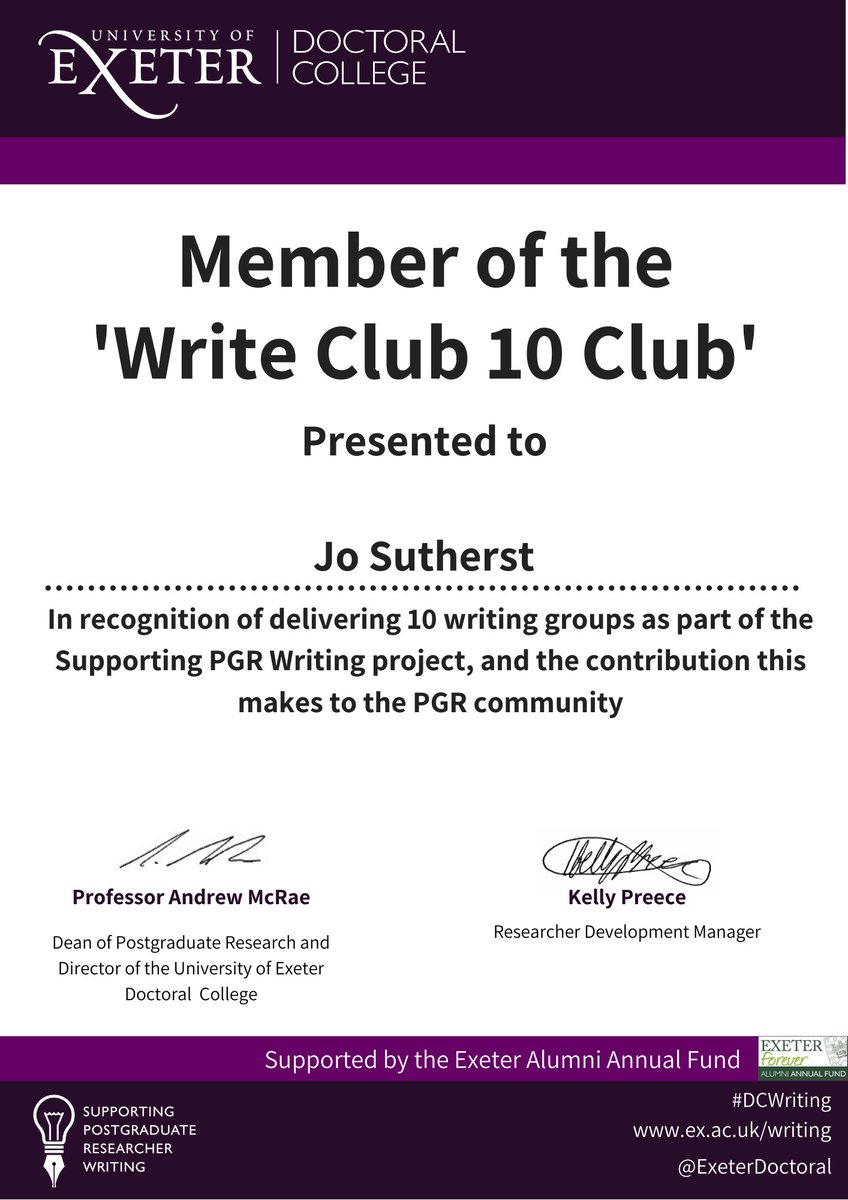 ExeterDoctoral's tweet photo. We've got some new entries in to the #DCWriting Hall of Fame this month! @JoSutherst and @cachivers have joined the #writeclub10club https://t.co/cjVDQCeq8s