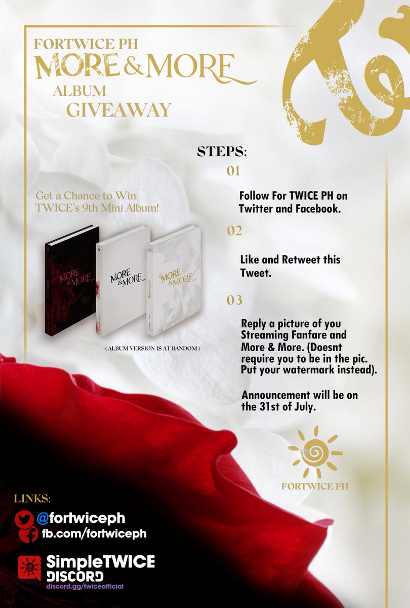 fortwiceph's tweet photo. Here at For TWICE PH, we have MORE and MORE giveaways in store for you 🤩🤩!

Just follow the mechanics below and get the chance to win a More &amp; More album 🍎

* 1 winner will be able to get a random version of the album

@JYPETWICE #MOREandMORE  #TWICE  #트와이스 https://t.co/HRS8lOa72p