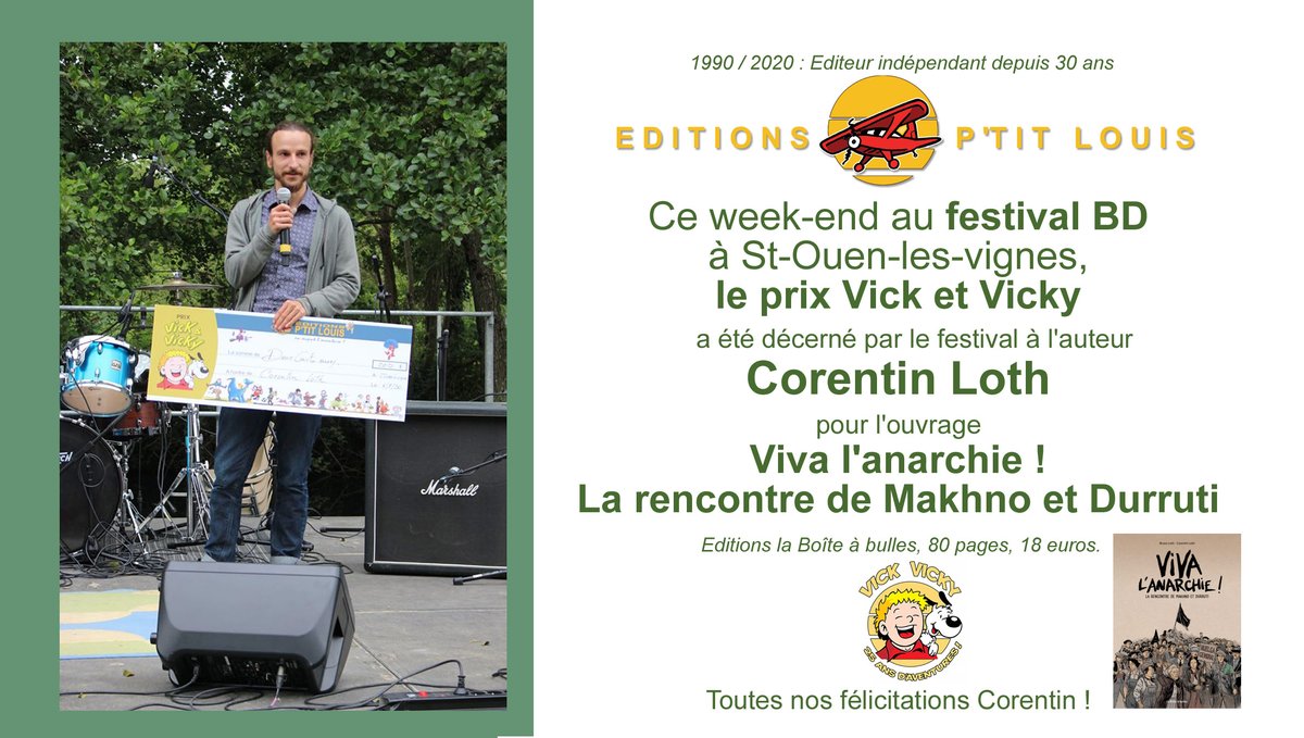 Ed_Ptit_Louis's tweet photo. A St-Ouen-les-vignes, le prix Vick et Vicky a été décerné à l'auteur Corentin Loth. Ce prix, créé en 2016 par l'auteur @Bruno_Bertin35, est un prix d’encouragement et d'éclairage pour les auteurs BD, décerné par le jury du festival. 
#prixvicketvicky #prixBD #remisedeprix https://t.co/YhS86jcNIt