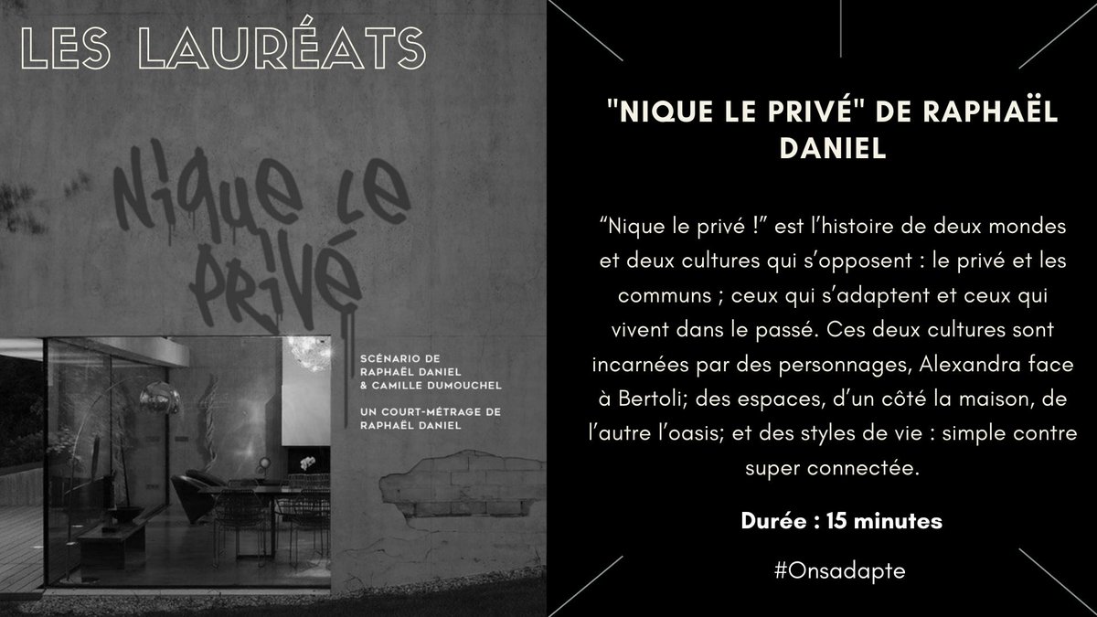 Nos lauréats : 

"Nique le privé!"

France, 2045. Les terres arables sont stériles. Les terres privées encore cultivables doivent être récupérées pour le bien commun. Bertoli est chargé de saisir un de ces terrains. Mais la propriétaire, Alexandra, n'entend pas se laisser faire.