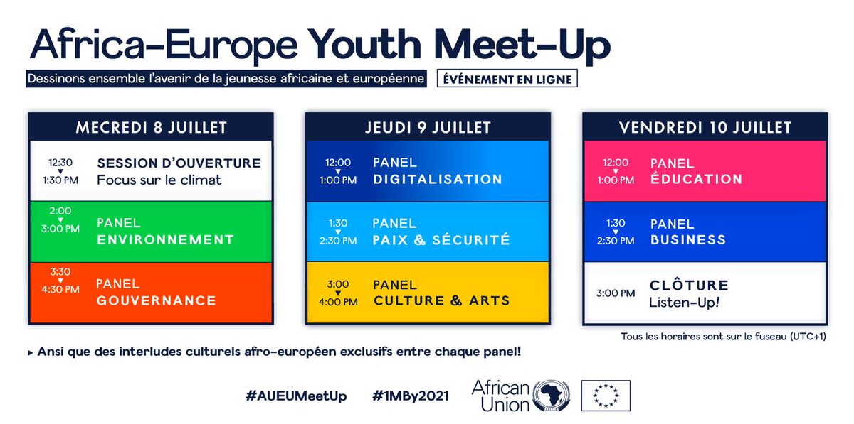 L'#UE et @_AfricanUnion  organisent du 8 au 11 juillet le #AUEUMeetUp. Cet événement permettra aux jeunes africains et européens de réfléchir à leur avenir post-COVID-19 et à formuler des recommandations pour le 5e Sommet des jeunes Afrique-Europe! 👉bit.ly/3f58aCv