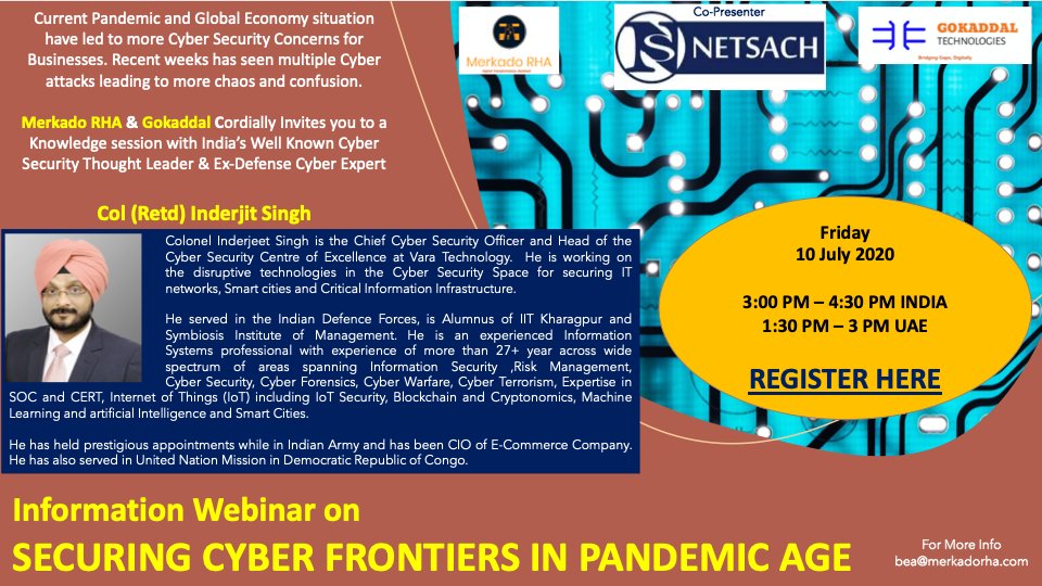 Would like to know about how to Secure your business from Cyber Attacks ? Do join the Session with one of India's Well Know Cyber Security Thought leaders &amp; Expert, Inderjeet Singh. Click Here to Register: lnkd.in/gZTEYrU
