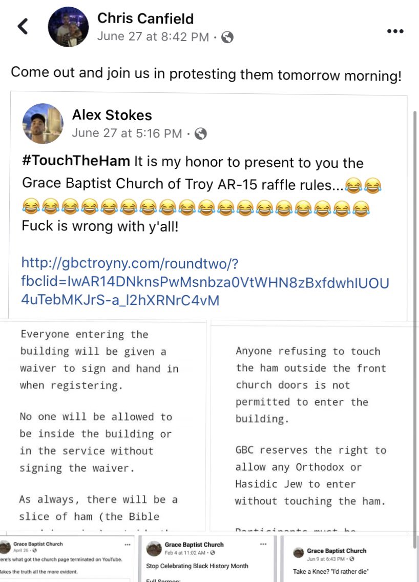 realgbctroyny's tweet image. Meet Chris Canfield, very identifiable tattoos, as he blocks a black lady from entering, shoves our pastor, then delivers punches to a man from the church attempting to get through up the stairs.

“Peaceful protest”