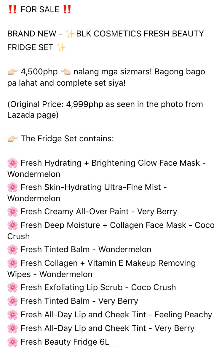 itsMONICAke's tweet photo. βΌοΈ FOR SALE βΌοΈ
BRAND NEW - β¨BLK COSMETICS FRESH BEAUTY FRIDGE SET β¨
ππ» 4,500php ππ»
(Orig Price: 4,999php as seen in the photo from Lazada page)
ππ» Shipping fee will be handled by the buyer.
PM IS THE KEY! ππ» #blkcosmetics #makeupforsale #blklover #annecurtis #forsale https://t.co/YJbKpT915x