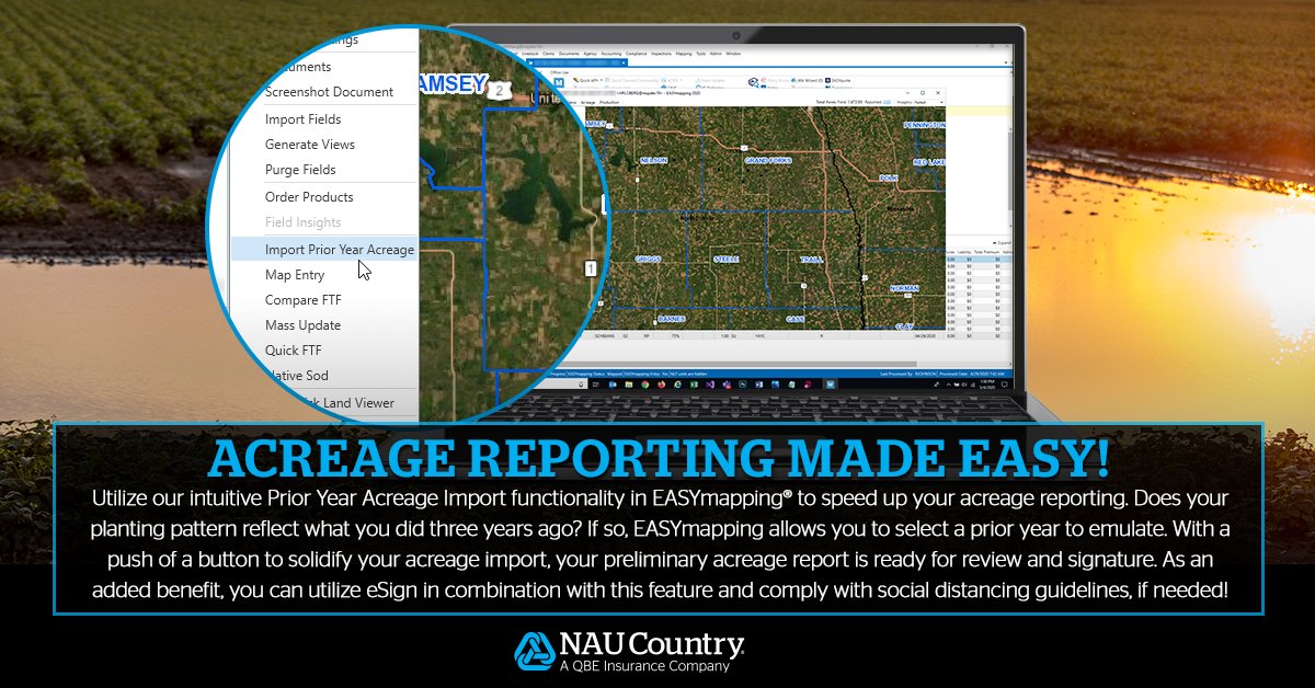 naucountry's tweet photo. Utilize our intuitive Prior Year Acreage Import functionality in EASYmapping® to speed up your acreage reporting. Learn more at: https://t.co/jQq1qBIkYr
#NAUCountry #QBENA #Farmers #EASYmapping #technology https://t.co/CTlvSgigkG