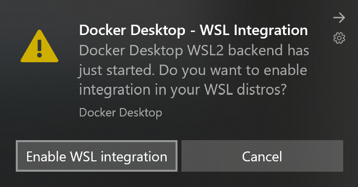 Screenshot of the VS Code notification asking to enable Docker Desktop with WSL2 backend