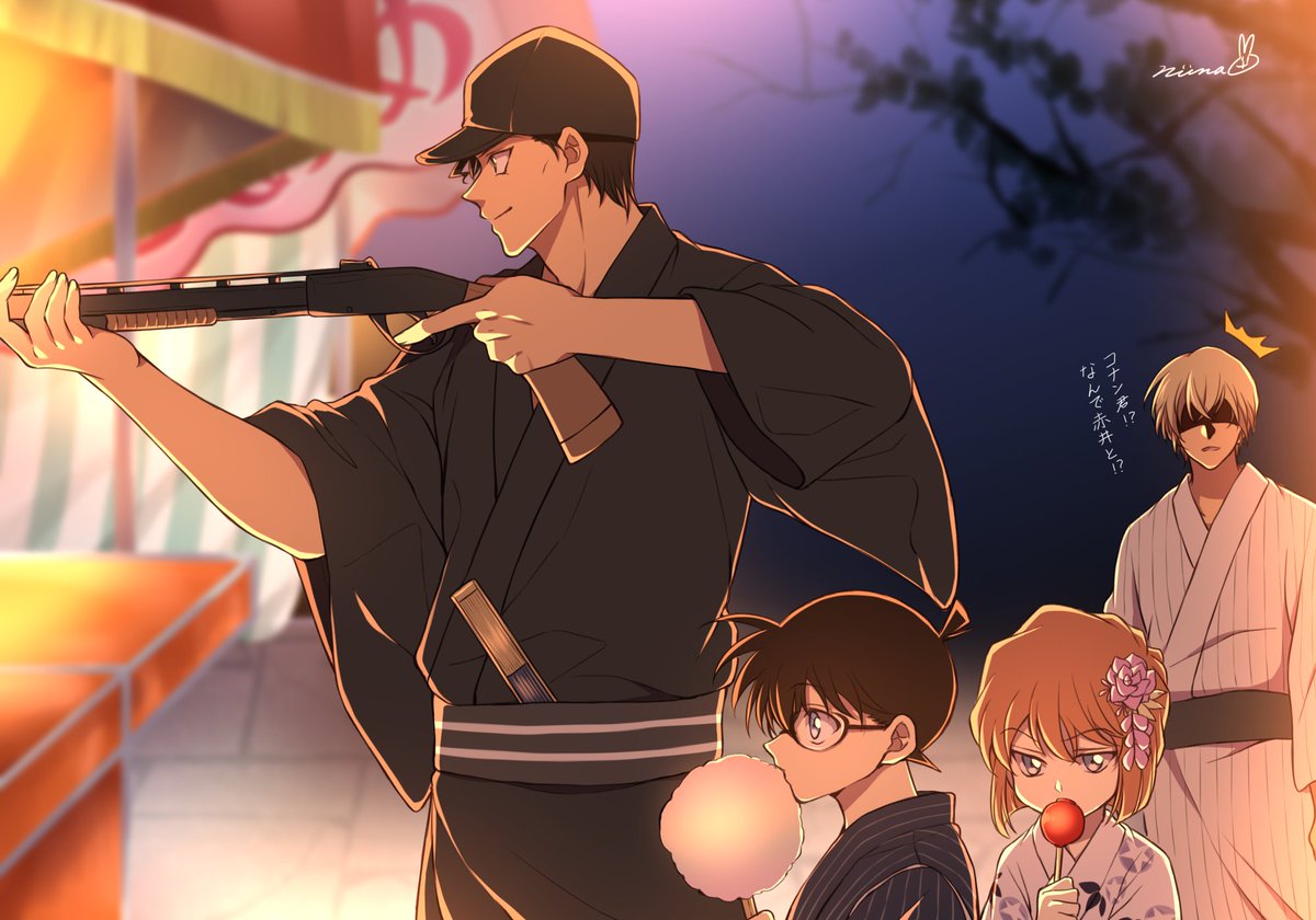 japanese clothes multiple boys gun weapon kimono striped kimono brown hair  illustration images