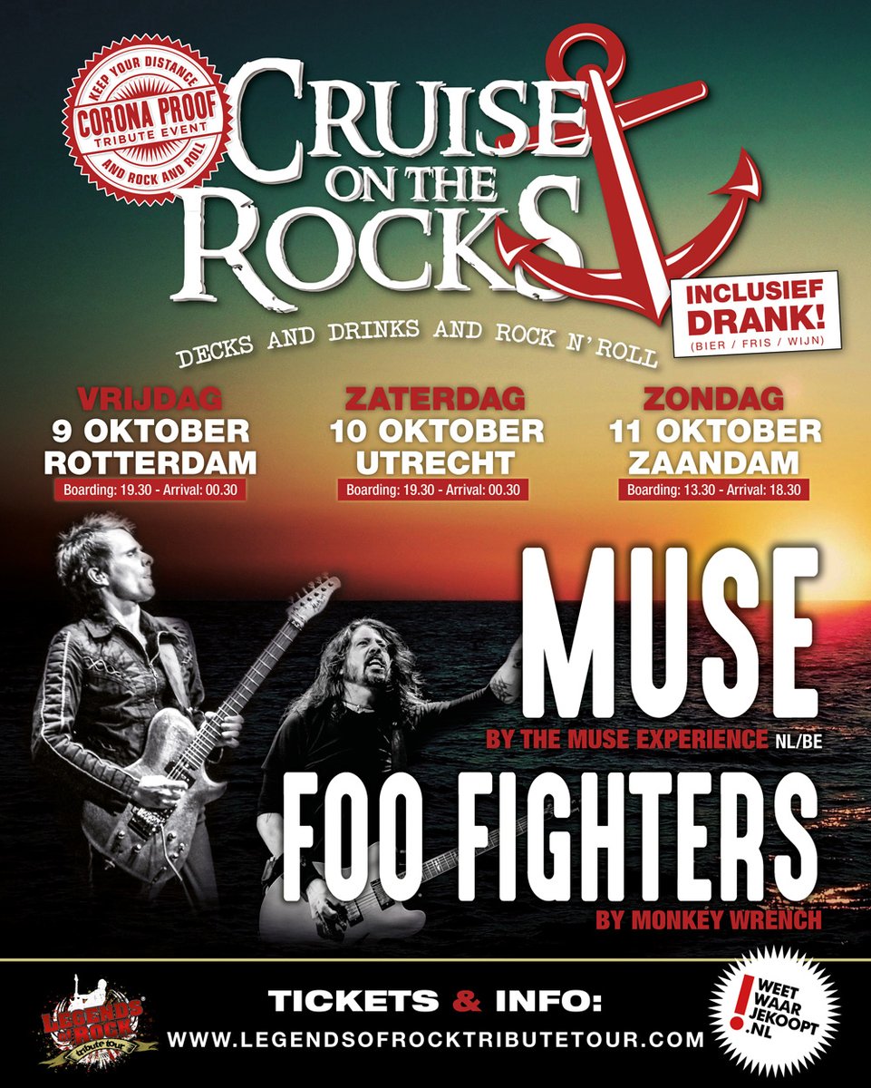 CRUISE jij mee? In sept lanceren wij het nieuwe, exclusieve CRUISE on the ROCKS!! Uniek live muziekspektakel met Rock-avonden (vr, za en zo) op modern cruiseschip. No.1 tributes van AC/DC, Queen, Guns N’ Roses, U2, Muse, Foo Fighters. Info en tickets: ab-bookings.nl