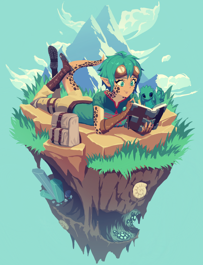 WindyGamesLLC's tweet photo. Another awesome piece we commissioned is of Lesath reading a book she found in a cave while cuddling with Flicker. This was done by @gattame ! #miasmacaves https://t.co/TtABFrFVs5