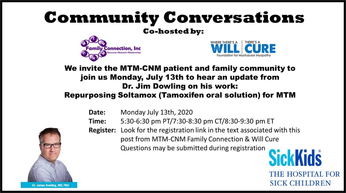 willcuremtm's tweet photo. We invite the MTM-CNM patient and family community to join @MTMCNMFamily and @willcuremtm on Monday July 13th to hear an update from Dr. Jim Dowling. 
Register: Online at https://t.co/VrTZbabros https://t.co/2d939BUjEn