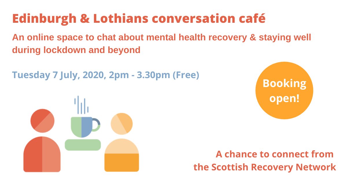 ScotRecoveryNet's tweet photo. A couple of places have become available at our #Edinburgh #Lothians online conversation cafe tomorrow afternoon. We would love if you could join us :)
Book here https://t.co/WWP35bpqT8
#LivedExperience #LetsTalkRecovery #Wellbeing https://t.co/nkOSiTjpit