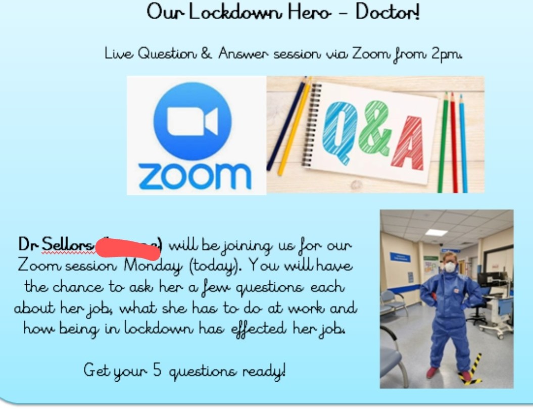 WyndhamYear4's tweet photo. We were very lucky today that a real life A&amp;E doctor joined our Zoom Lockdown Heroes special. Dr Sellors answered lots of carefully considered questions from the children about her job during lockfown! We have some budding drs and nurses inspired to follow in her footsteps! https://t.co/AmI6eo9Lx8