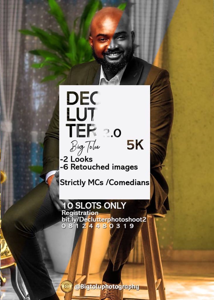 PropheceeCfr's tweet photo. DECLUTTER 2•0 is here

DECLUTTER is set to bring MCEES/COMEDIANS together(10 slots only ) for a session with BigTolu Photography at a giveaway price of N5,000 for 2 outfits  and 6 amazing pictures. 

Registration link 
https://t.co/Px6NHG6NUx
@bigtoluphotography (IG) https://t.co/QD0Ma7wGqA