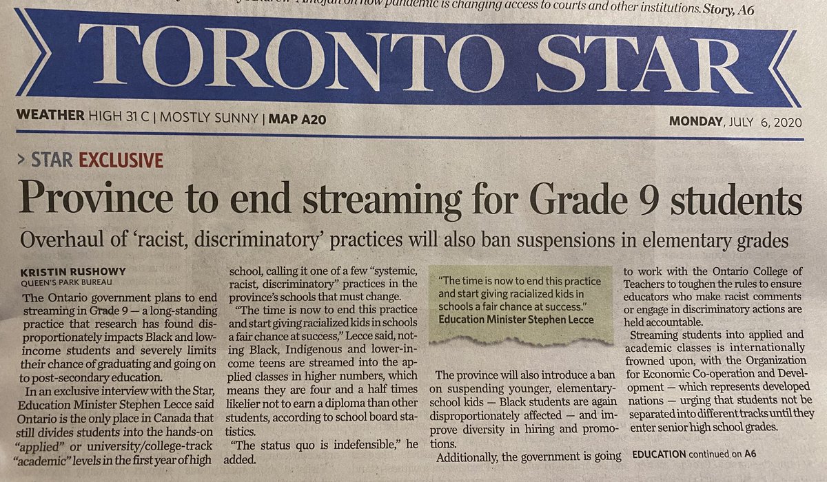 Wow. My heart skipped a beat. I was not expecting this news. Ontario to end streaming in Grade 9 and change other ‘racist, discriminatory’ practices. Thanks for reporting  @krushowyNoticing streaming while in HS is one reason I became an activist and doing  @helpinghands