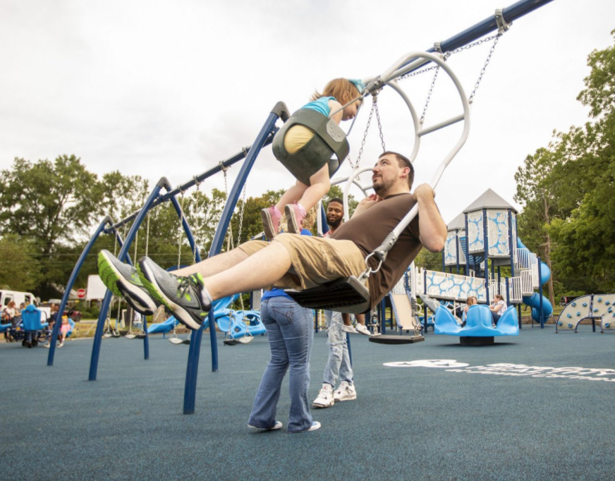 gametimeplay's tweet photo. Why push her on the swing when you can ride with her? https://t.co/rBQcOtebjY