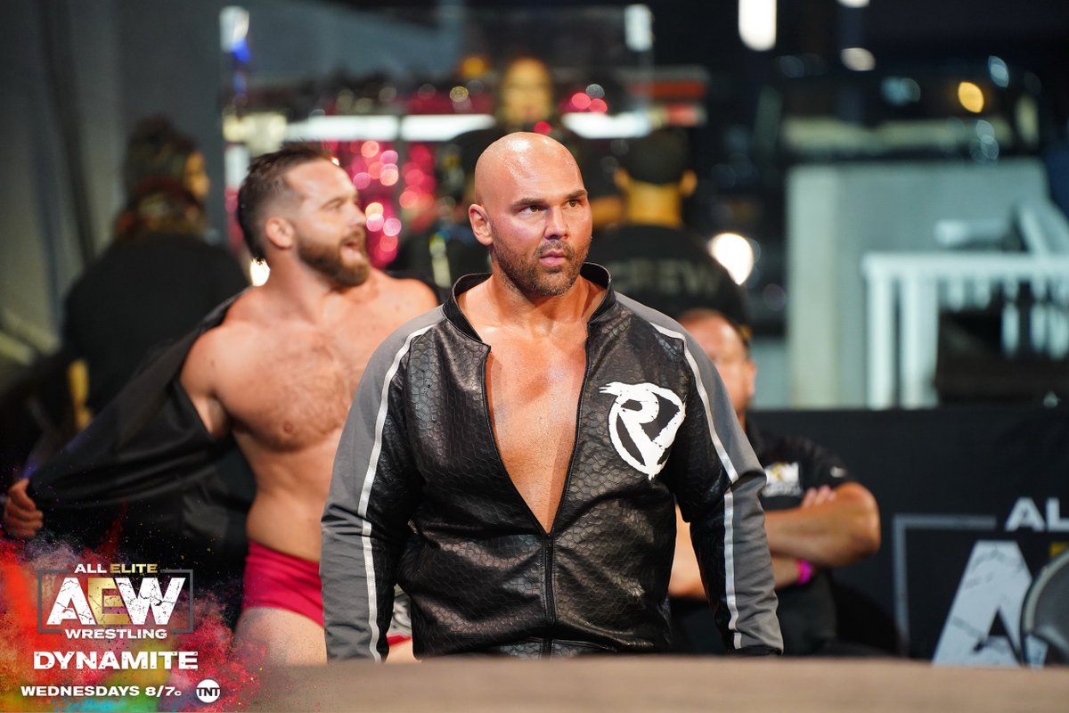 AEW's tweet photo. #FTR @CashWheelerFTR &amp; @DaxHarwood are coming to #FyterFest ready for a fight!⁠
The boys team up with The @YoungBucks to face the returning #LuchaBros, The Butcher &amp; The Blade in 8-man tag action on night two of #FyterFest for FREE on Wednesday, July 8th, at 8e7c on @TNTDrama. https://t.co/9NSUW9a0RR
