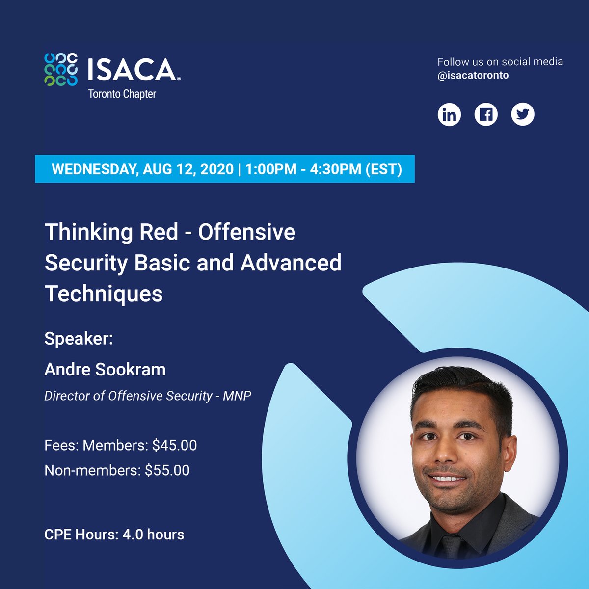 IsacaToronto's tweet photo. Come join us on Wednesday, Aug 12th, 2020 for an informative session on "Thinking Red - Offensive Security Basic and Advanced Techniques" presented by Andre Sookram

Register here:
https://t.co/cezDxlNpWl

#IsacaTorontoChapter #OffensiveSecurity #ThinkingRed #Covid19  #StaySafe https://t.co/pzVw2HqF5J