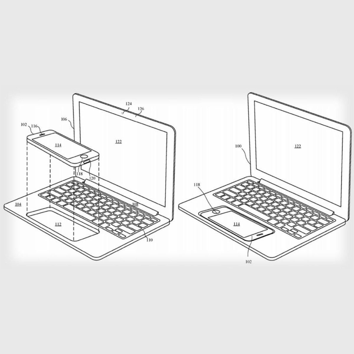 NoizeeMedia's tweet photo. Apple just filed for this patent which is 🤯

This is more likely an extension of iOS rather than a replacement of Mac OS. Imagine a shell type device which comes to life when you place your iPhone into it.

👀👀

#iPhone #Apple #Silicon https://t.co/IOlp4BmQDI