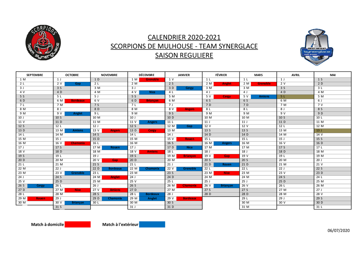 Frères mulhousiens, voilà un calendrier de meilleure facture que la merde que nous chie tous les ans <a href="/LigueMagnus/">Synerglace Ligue Magnus</a> sans indiquer les jours de la semaine.

À bientôt pour une nouvelle saison avec les <a href="/ScorpionsMulho/">Scorpions de Mulhouse</a>, toujours plus #UltrasMulhouse2000 💪🍻