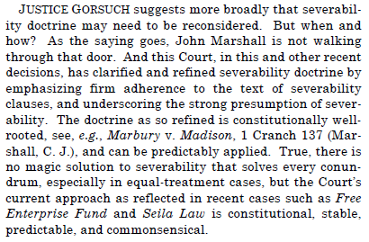 nicholas_bagley's tweet image. If you're looking for tea leaves on whether conservatives can count to 5 in the big ACA case, check out this paean to the "strong presumption of severability" from today's opinion by Kavanaugh, joined by the Chief. supremecourt.gov/opinions/19pdf…