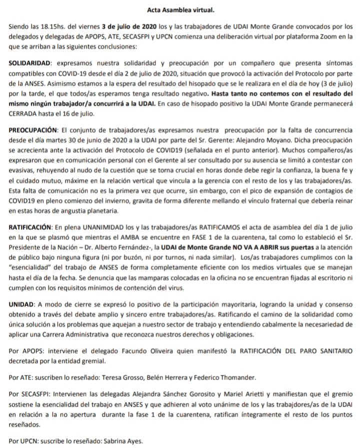 FedericoThoman1's tweet photo. 📃ASAMBLEA VIRTUAL en @ansesgob #MonteGrande
+ de 30 participantes concluimos:
#SOLIDARIDAD con compañero por posible #COVID19
#Preocupación por la ausencia del Gerente desde el 30/6 y su falta de comunicación
#Ratificamos que no se abre en la #fase1 de #cuarentena https://t.co/5ncIcXXkQA