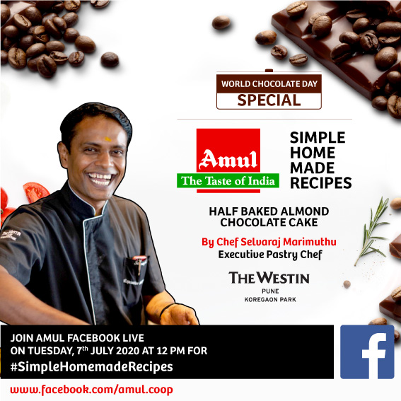 Amul_Coop's tweet photo. Join #Amul Facebook Live at 12 pm on 7th July 2020 for #WorldChocolateDay edition of #SimpleHomemadeRecipes by Chef Selvaraj Marimuthu, Executive Pastry Chef, Westin Pune
#Chef Selvaraj will show to make Half Baked Almond Chocolate Cake
https://t.co/ubzm0KvcbO #MastersofMarriott https://t.co/E7NpnJuBgr