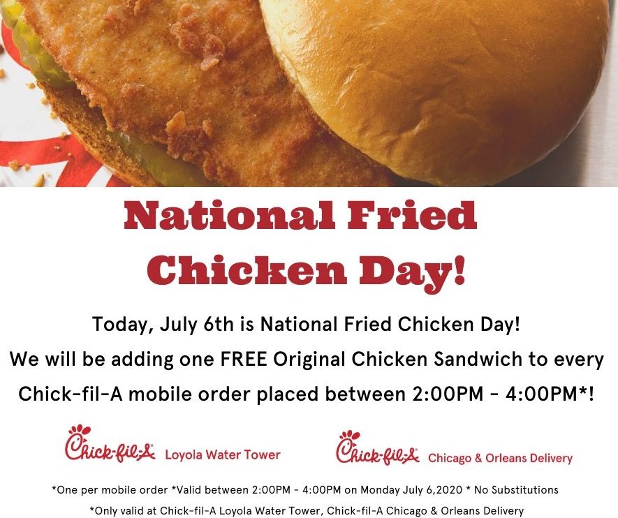 chickfilachi's tweet photo. It's National Fried Chicken Day!  Let's celebrate with our Original Chicken Sandwich 📲🥳
. . . 
#chickfilachicago #nationalfriedchickenday #chickfila https://t.co/DZWHKJEJdf