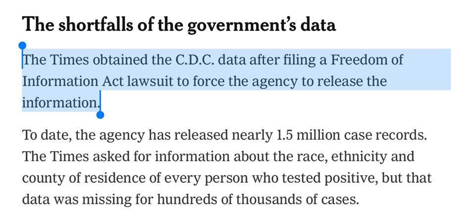 As in the UK, BAME communities in the US are disproportionately affected by  #COVID19.As in the UK, getting data from the govt is v hard in the US. Just as  @openDemocracy had to sue govt to get data on contracts,  @nytimes had to sue  @CDCgov with a FOIA. https://www.nytimes.com/interactive/2020/07/05/us/coronavirus-latinos-african-americans-cdc-data.html
