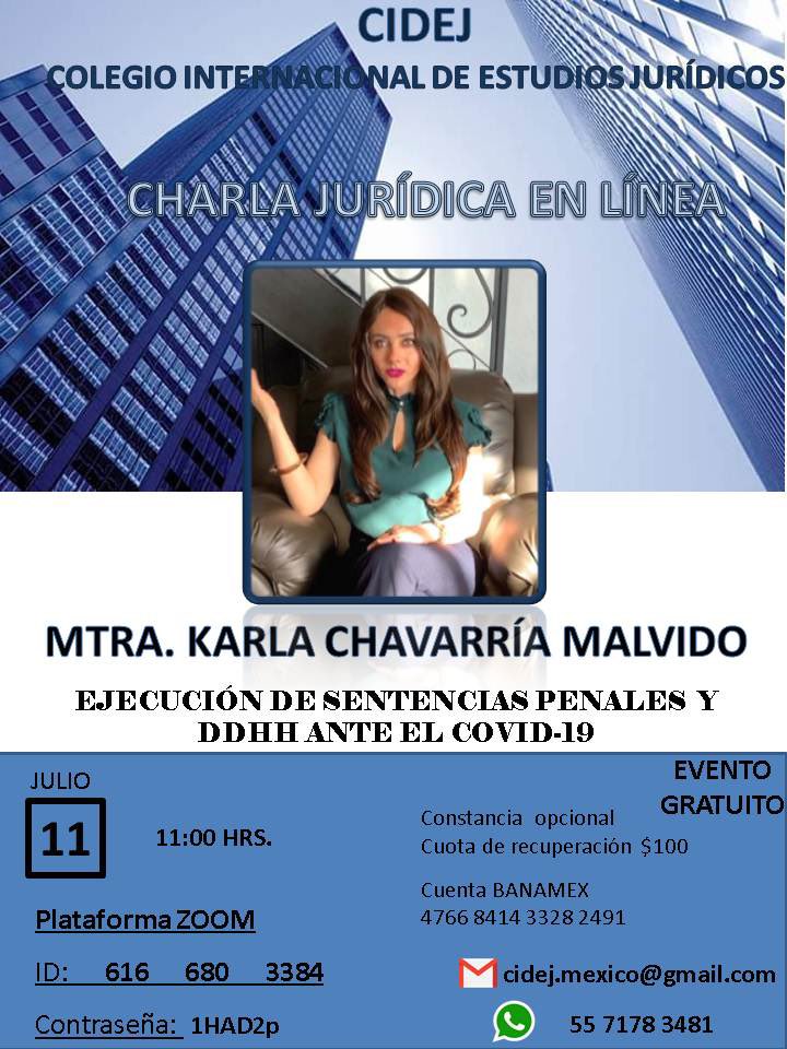 abogada_karlach's tweet photo. 📍 Charla Juridica en Linea 👩🏻💻🧑🏻💻
👉🏻 Ejecución de Sentencias Penales #DDHH #Covid-19.
🏛 Colegio Internacional de Estudios 📖 Juridicos. #CIDEJ
🔵 Sábado 11 de julio a las 11 am
✔️ Informes 👇🏻 https://t.co/xUFOjh7bhz