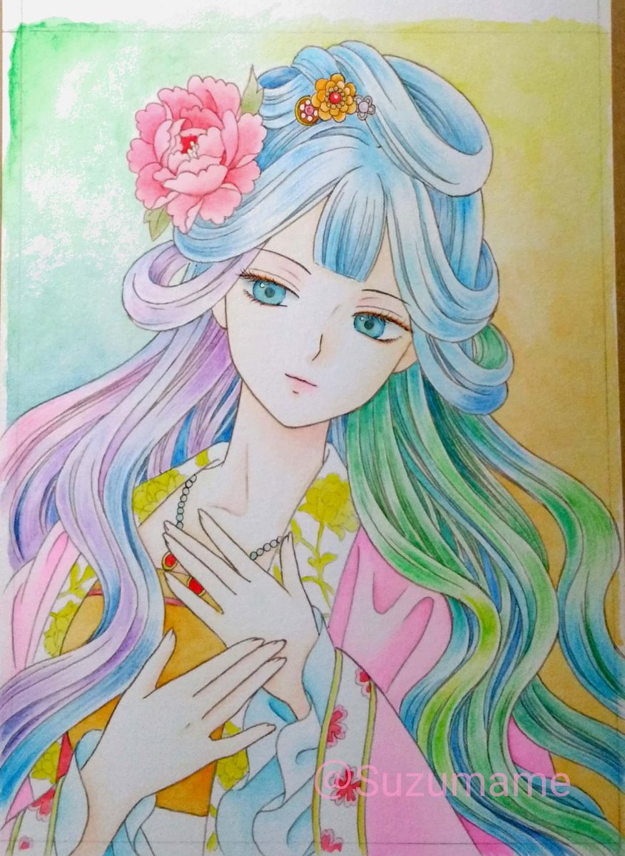 ダイソー セリア 100均 水彩色鉛筆 試し塗りのつもりだったので背景 鈴豆 まめたん のイラスト