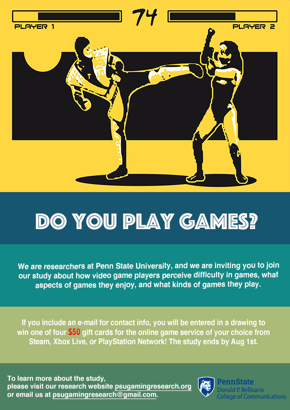Lewen_Wei's tweet photo. Hello game players! We invite you to join our study about game-related perceptions. If you are interested, please consider participating to win 1 of 4 $50 gift cards! #videogames #Videogame #videogamesaddict #gamer #gamers #gaming #GamingLife 

link: https://t.co/bFURZPcmKg https://t.co/Jq8cgH4joo