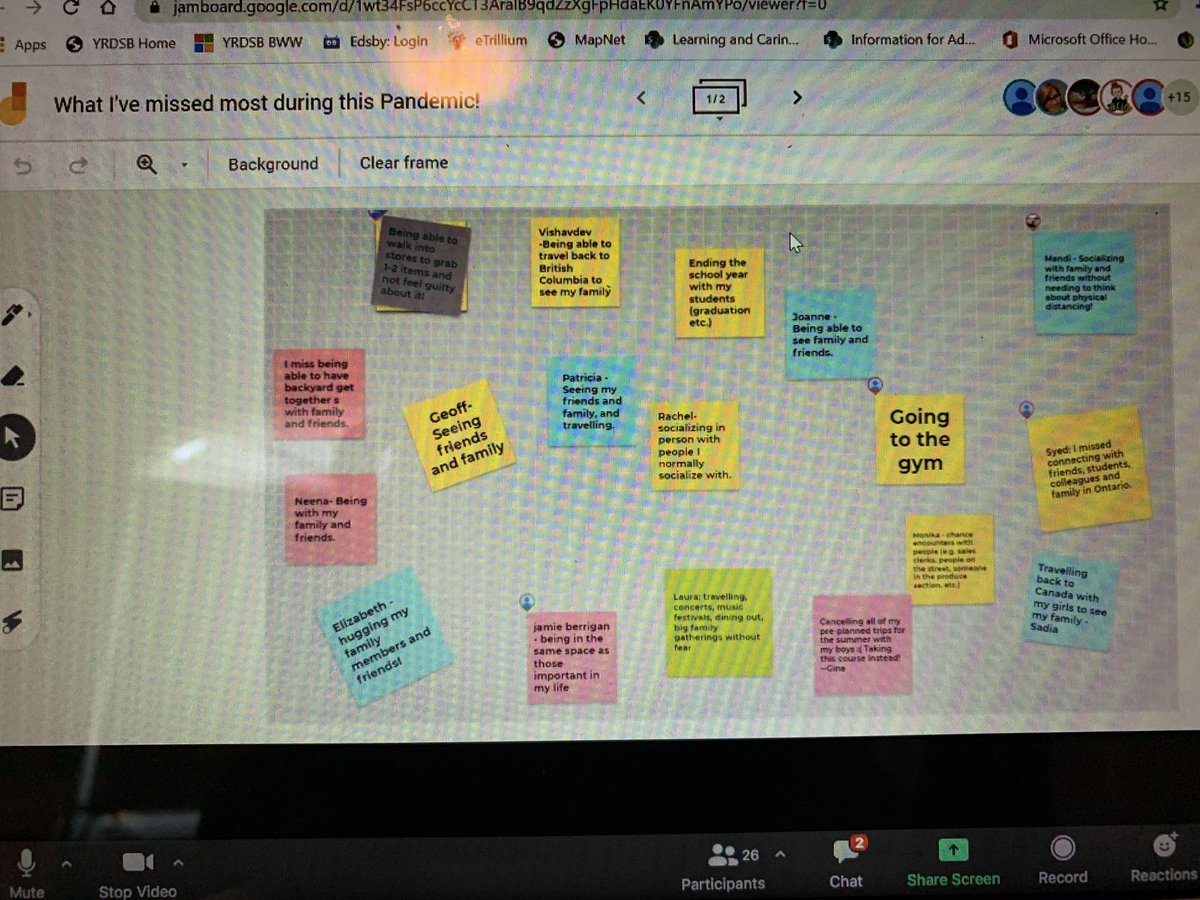 #OISE_PQP Day 1 Energizer - ‘What I’ve missed most during this pandemic?’ - Getting to know this #amazing group of educator leaders this morning🌱 We will grow with the OLF over the next 10 days! ⁦<a href="/OISE_CPL/">OISE CPL</a>⁩ ⁦<a href="/elauyrdsb/">Elizabeth Lau</a>⁩ ⁦<a href="/OCT_OEEO/">OCT_OEEO</a>⁩