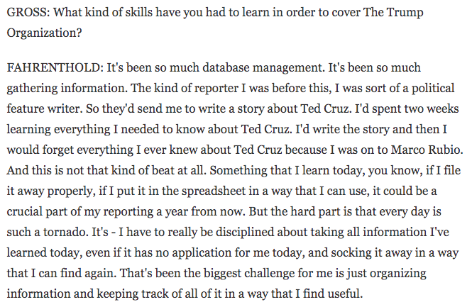 Of course there's value in doing our work more efficiently + helping our students develop information management skills they can bring to other fields. (Often think of this line from a 2019 interview / journalist  @Fahrenthold) 3/