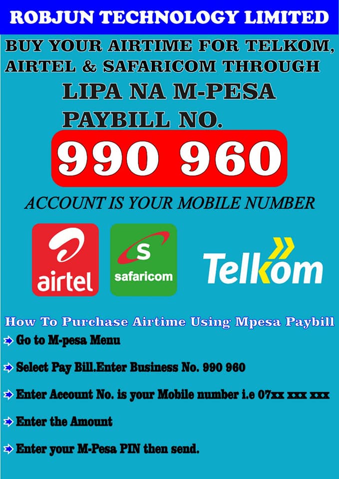 RobjunLimited's tweet photo. TOP UP FROM MPESA VIA PAYBIL.TELKOM ABOVE 100 GET 20% BONUS https://t.co/LSHrEJlF2K